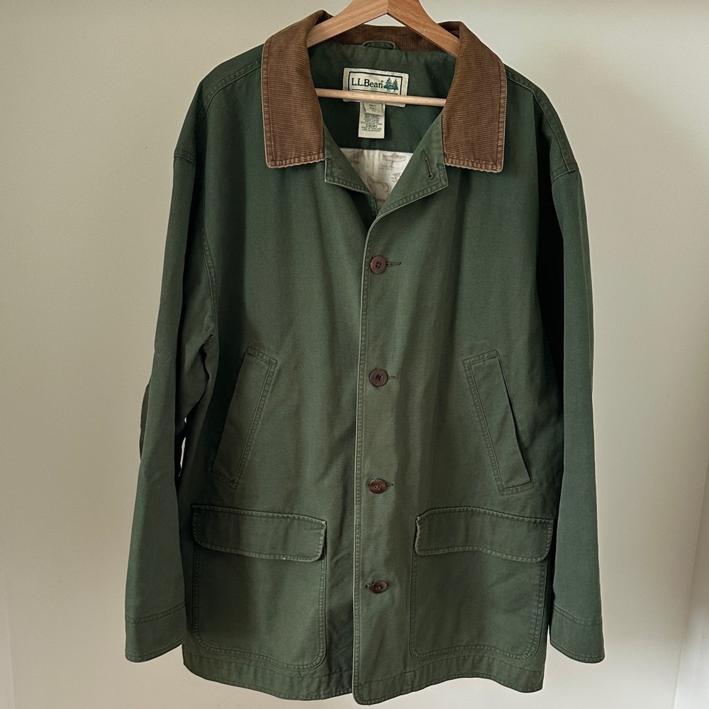 L.L. Bean Olive Green Vintage Fish Field Chore Jacket with Brown Corduroy Collar